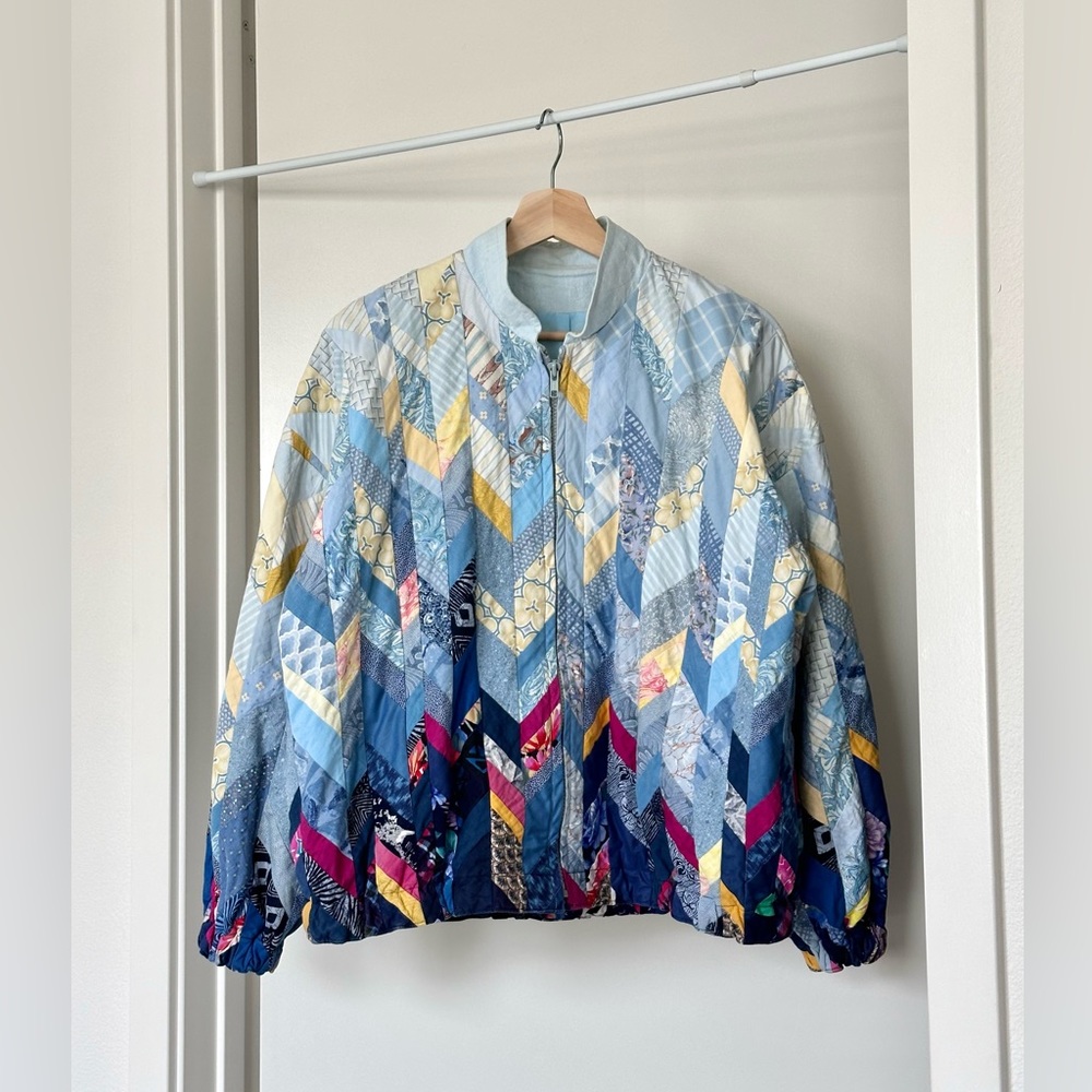 💌SOLD💌 Vintage 90s Handmade Quilted Cotton Bomber Zip Up Jacket in Blue Pink